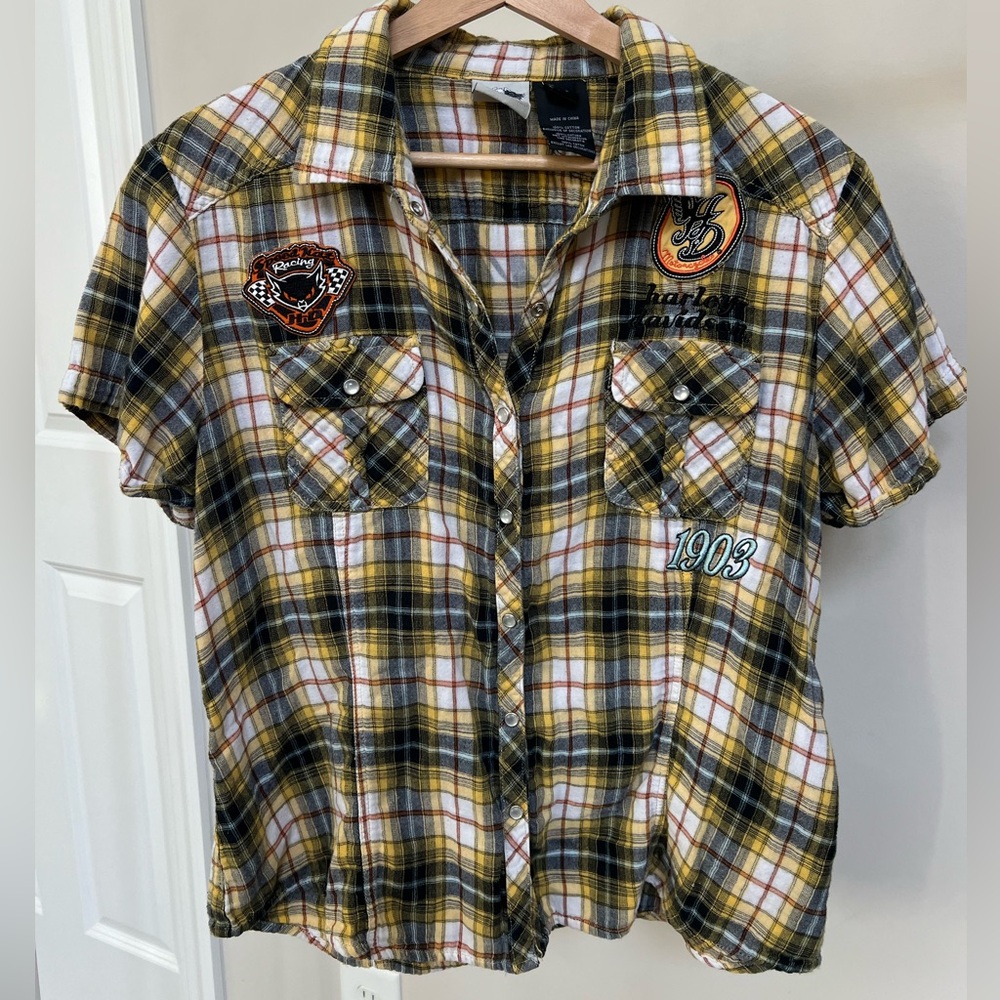 Harley-Davidson Plaid Short Sleeve Button-Up Shirt with Patches